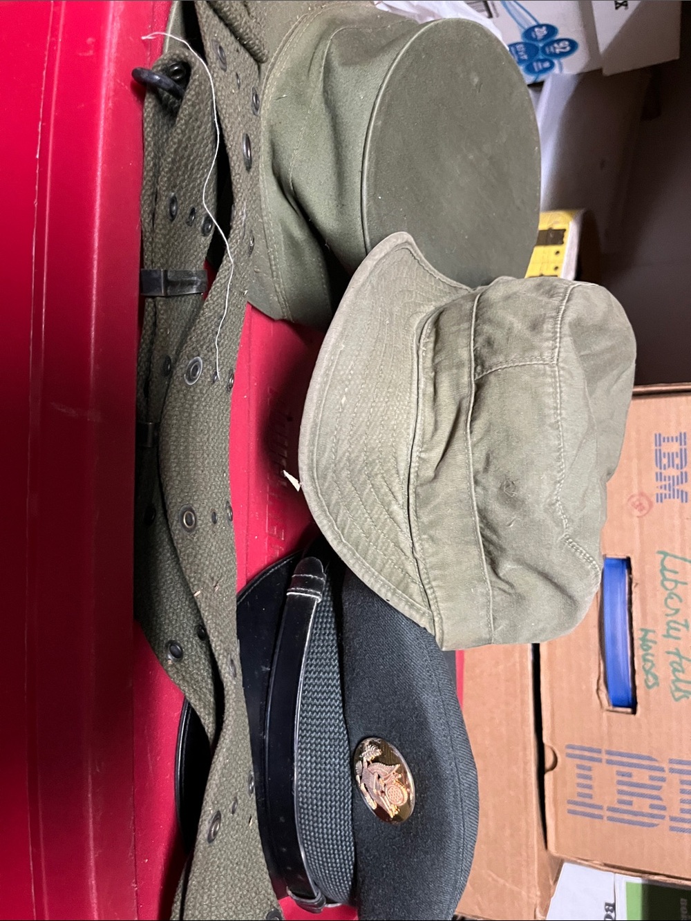 Vintage Army Hats and Belt.  Olive Green.